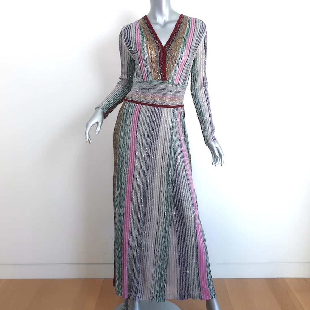 Missoni wrap effect sequin embellished striped metallic maxi dress